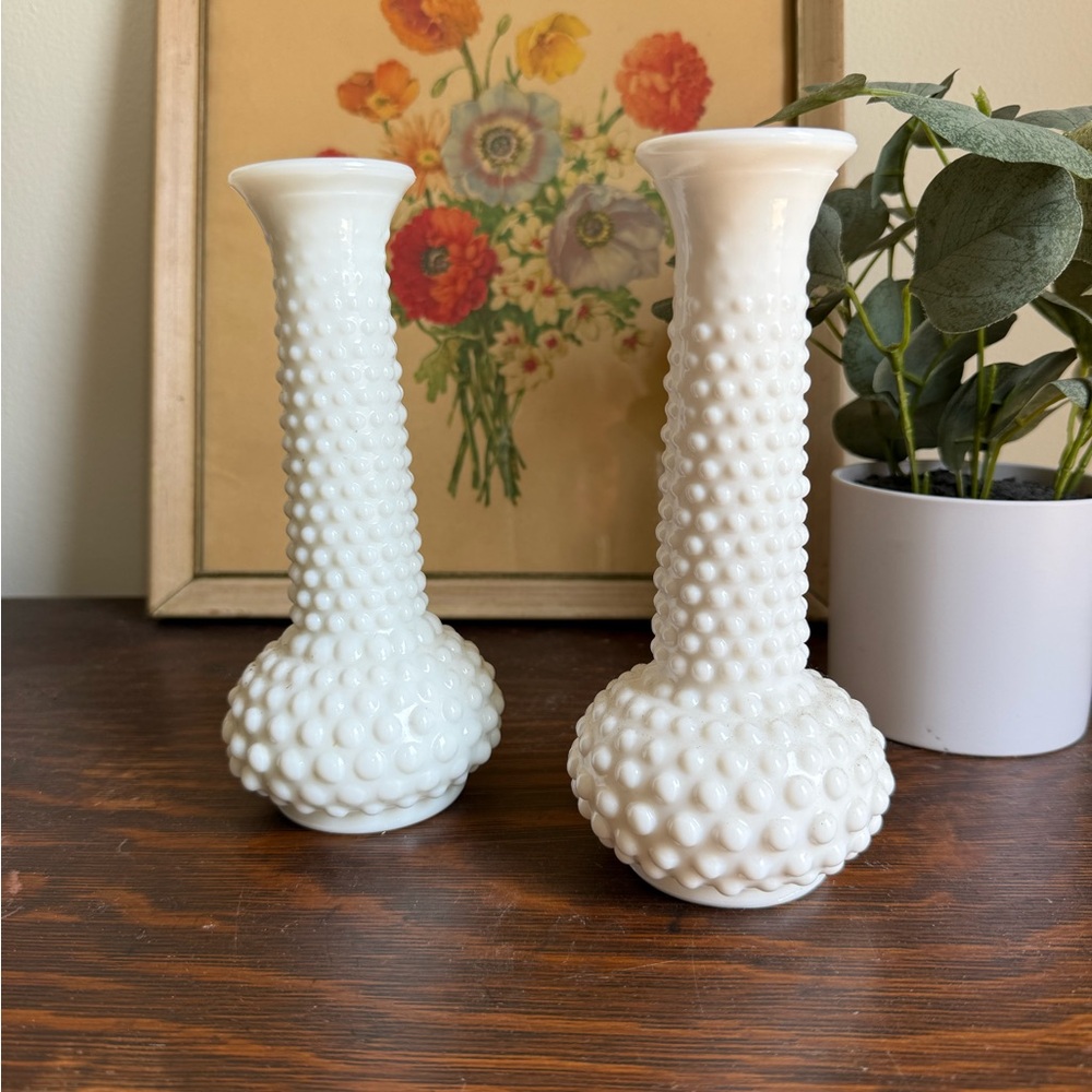 A Pair of E.O. Brody Elegant White Hobnail Vases
